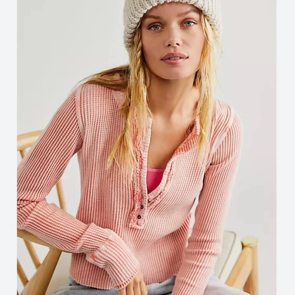 SOLD ❗️Free People Colt Waffle Knit Thermal Long Sleeve Raw Hem Top NWT Size M - Picture 4 of 12